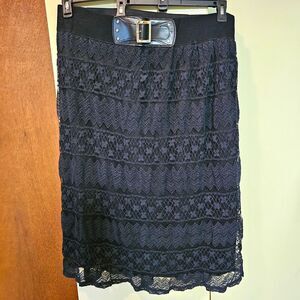 Magic Women’s Plus 3X Black Lace Lined Pencil Knee-Length Skirt w/ Belt